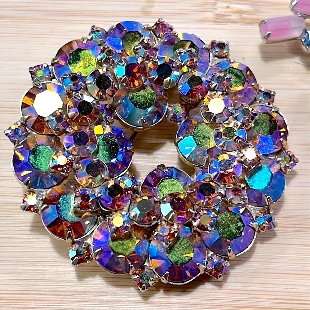 Set of 2 Antique Vintage Brooches Large Decorative Rhinestone Pins Blazer Jacket
